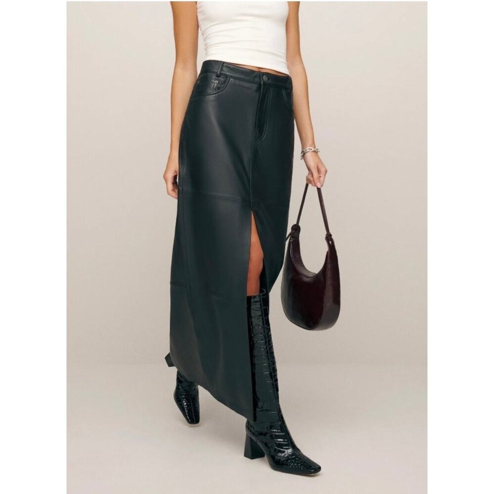 NEW Reformation Veda Black Lambskin Leather Front Slit Maxi Skirt Size 2 - Picture 2 of 16
